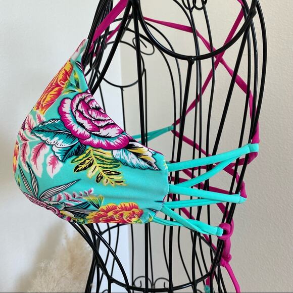 BECCA by Rebecca Virtue Green Floral Strappy Back Tassel Bikini Top Small NEW - Picture 8 of 8